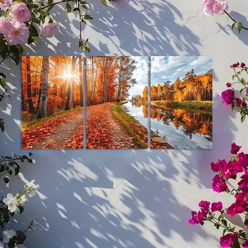 3pcs Roadway In Autumn  Canvas Framed 40x60cm - High Quality Print 100% Australian Made Wall Canvas Ready to Hang