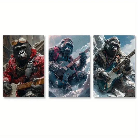 3pcs Gorilla Guitarist Red Black Blue Sky Metal Print Ready to Hang Art