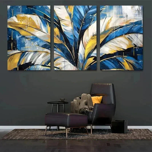 3pcs Blue and Golden Feather Geometric Wall Art Set Canvas Framed 40x60cm - High Quality Print 100% Australian Made Wall Canvas Ready to Hang