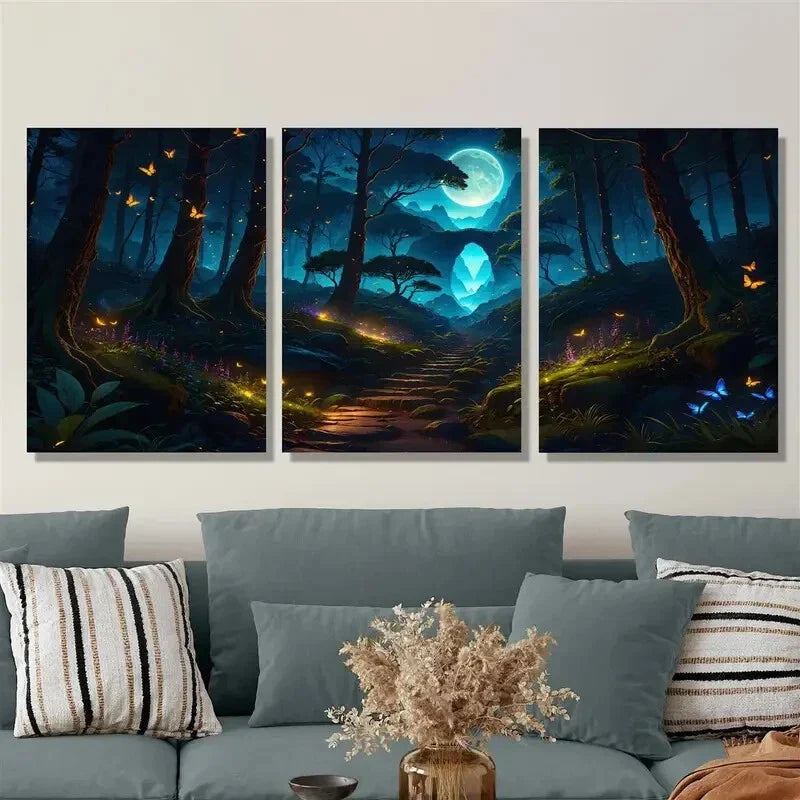 3pcs Magic forest, moon, butterflies, flowers Metal Print Ready to Hang Art