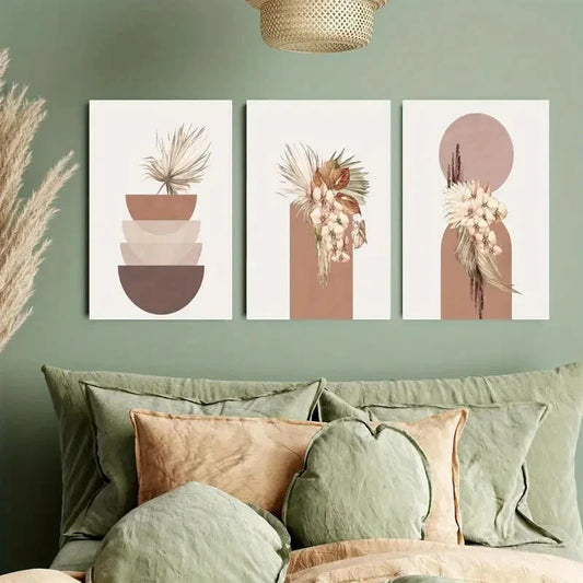 3pcs Modern Bohemian Neutral Abstract Plant Metal Print Ready to Hang Art