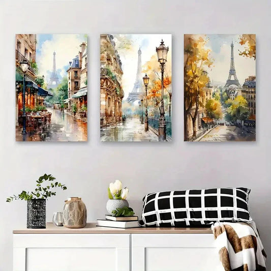 3pcs Paris Eiffel Tower Street Scene Triptych Metal Print Ready to Hang Art