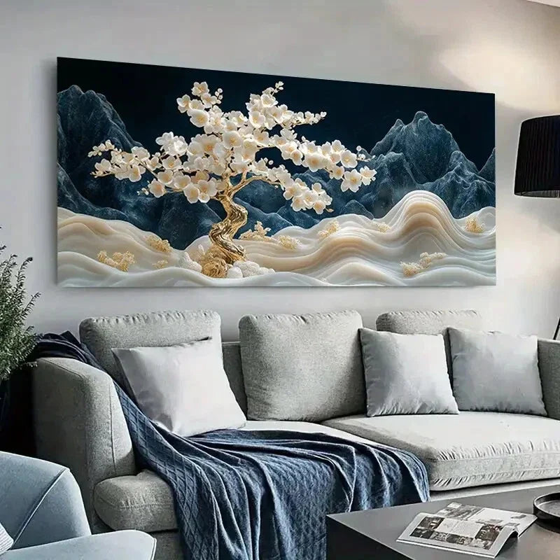 White Blossoms Mountains wall canvas office home room framed 120x60cm