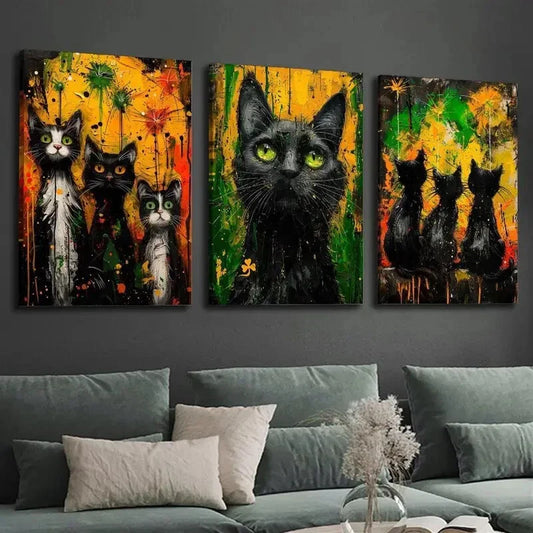 3pcs Vibrant Black Cat  Wall Art Set Canvas Framed 40x60cm - High Quality Print 100% Australian Made Wall Canvas Ready to Hang
