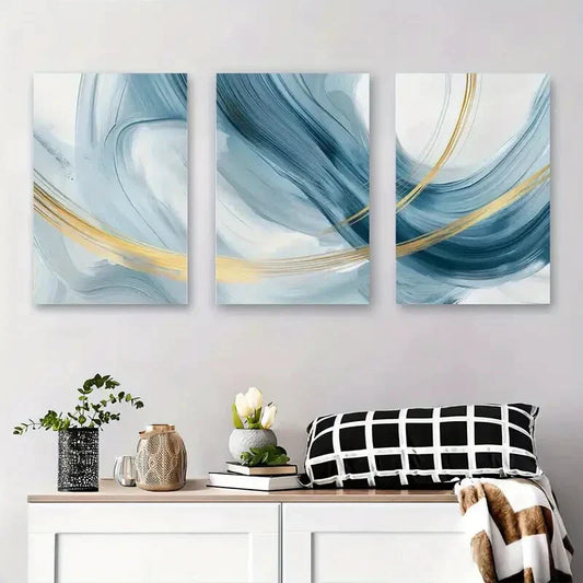 3pcs Abstract Blue and Golden Swirls Metal Print Ready to Hang Art