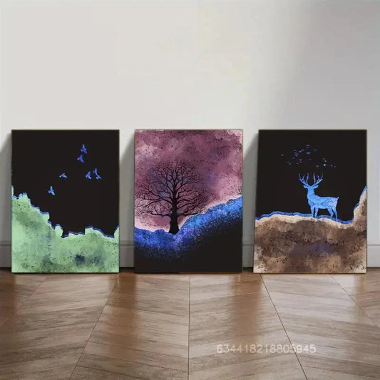3pcs Sika deer, landscape art Metal Print Ready to Hang Art