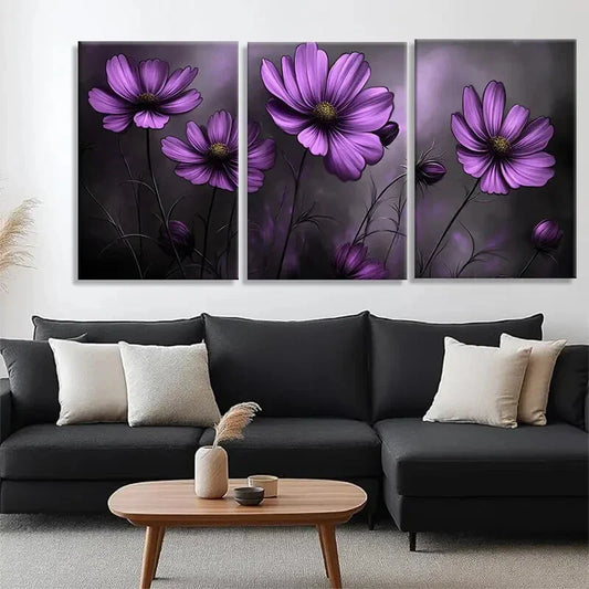 3pcs Purple Cosmos Flowers Soft Dark Perfect Wall Art Set Canvas Framed 40x60cm - High Quality Print 100% Australian Made Wall Canvas Ready to Hang