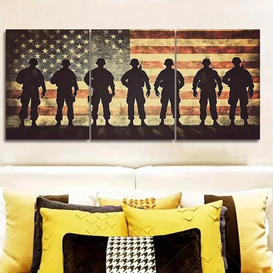 3pcs Soldiers in front of the American flag  Wall Art Set Canvas Framed 40x60cm - High Quality Print 100% Australian Made Wall Canvas Ready to Hang