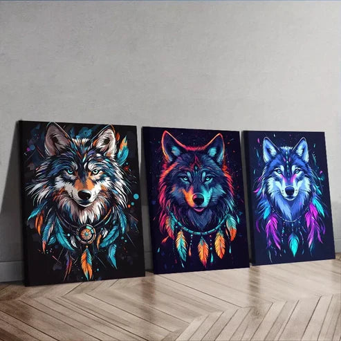 3pcs Stunning Wolf Neon Colors Colorful Necklace Wall Art Set Canvas Framed 60x90cm - High Quality Print 100% Australian Made Wall Canvas Ready to Hang