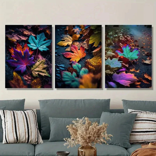 3pcs Colorful autumn leaves, maple leaf,Metal Print Ready to Hang Art (