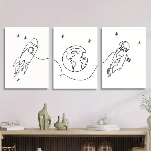 3pcs Earth, Rocket, Astronaut Line Drawings Metal Print Ready to Hang Art