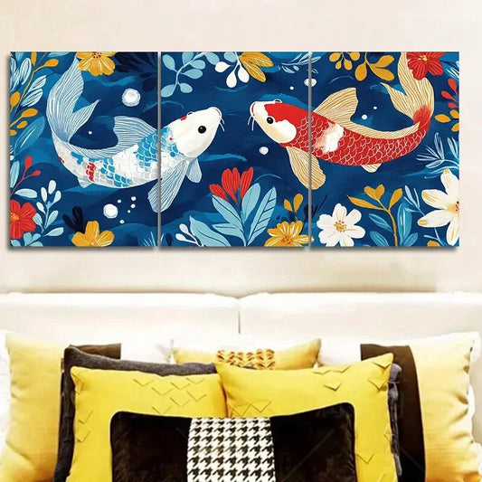 3pcs   Two red and white carp In Floral Water  Wall Art Set Canvas Framed 40x60cm - High Quality Print 100% Australian Made Wall Canvas Ready to Hang