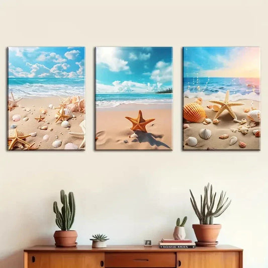 3pcs  Vibrant Ocean, Seashells & Starfish Metal Print Ready to Hang Art