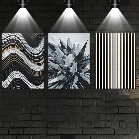 3pcs Golden Lines Flowers Gray & White Metal Print Ready to Hang Art