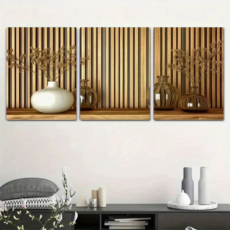 3pcs Wooden Backdrop Glass Bottles & Dried Flowers Metal Print Ready to Hang Art