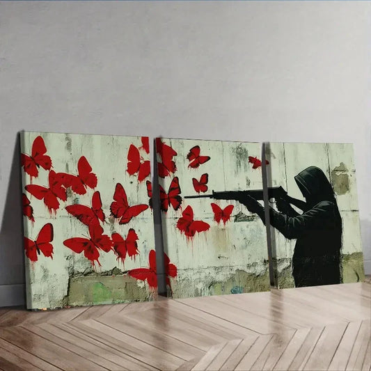 3pcs Red Butterflies & Gunman Red Dark Textile Wall Art Set Canvas Framed 40x60cm - High Quality Print 100% Australian Made Wall Canvas Ready to Hang