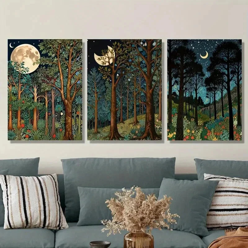 3pcs Moonlit Forest Landscape, Art, Metal Print Ready to Hang Art