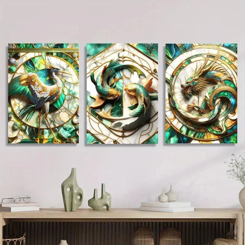 3pcs Japanese Crane, Dragon, and Koi Metal Print Ready to Hang Art