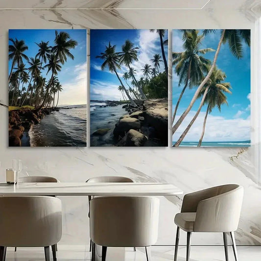 3pcs Coconut Trees Sea Blue Sky White Clouds Metal Print Ready to Hang Art
