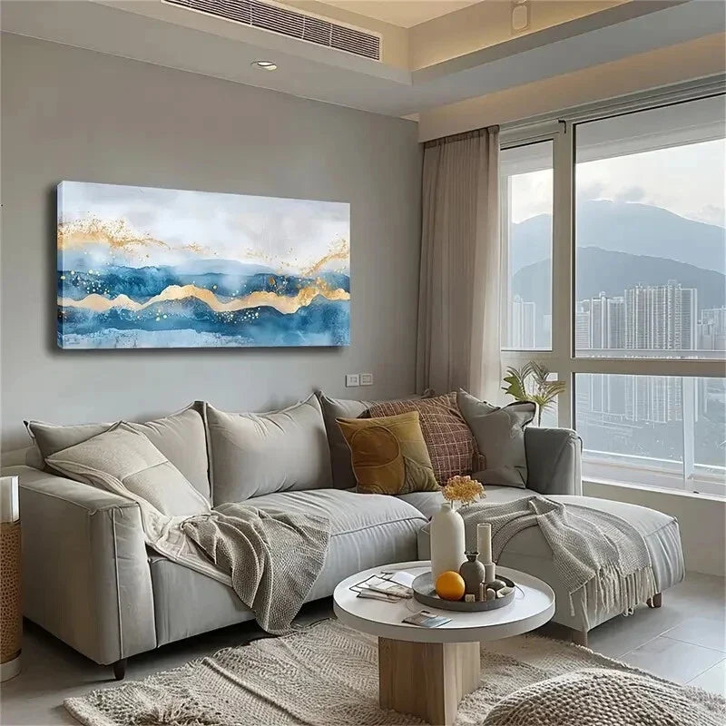 Blue Abstract Ocean Mountain Wall Art Canvas Office Home Room Framed 120x60cm