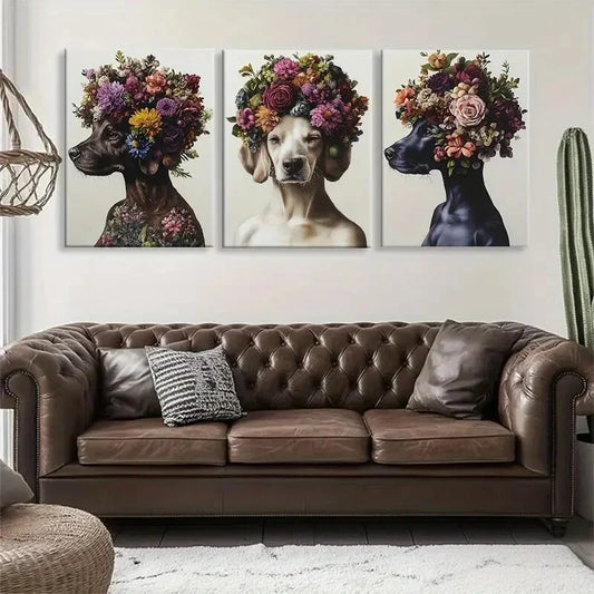 3pcs Floral Dog Portrait Crowns Adorable Perfect Wall Art Set Canvas Framed 40x60cm - High Quality Print 100% Australian Made Wall Canvas Ready to Hang