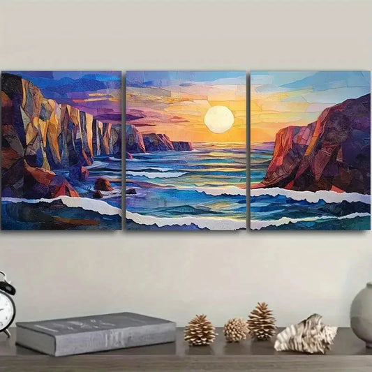 3pcs Sunset Over The Sea in Vibrant Colors Metal Print Ready to Hang Art
