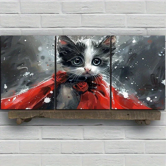 3pcs Black and White Red Bow Cat Metal Print Ready to Hang Art