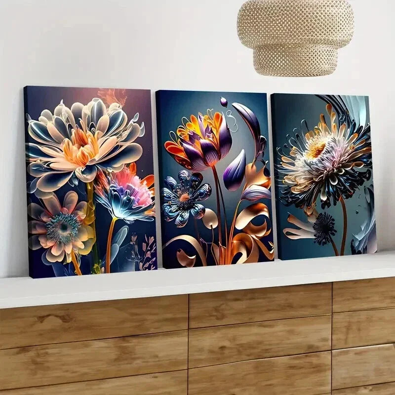 3pcs Modern Colourful Florals & Leaves Blue Gold Wall Art Set Canvas Framed 40x60cm - High Quality Print 100% Australian Made Wall Canvas Ready to Hang