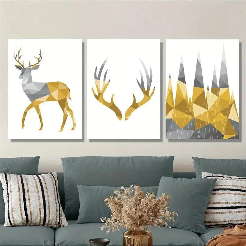 3pcs Geometric polygonal stag, Metal Print Ready to Hang Art