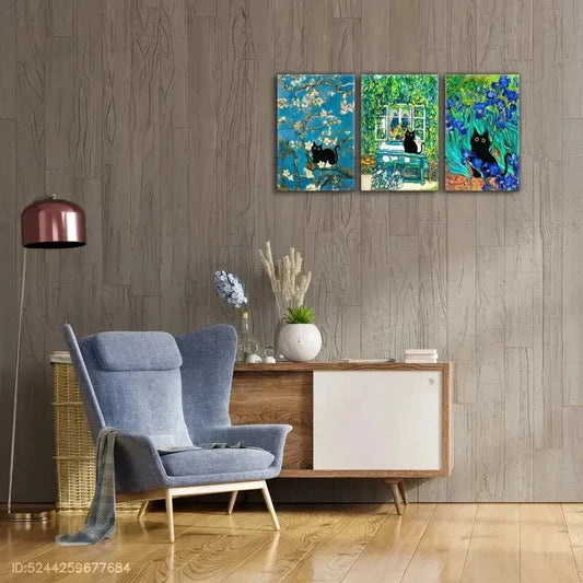3pcs Cat And Famous Oil Painting Innovative Metal Print Ready to Hang Art