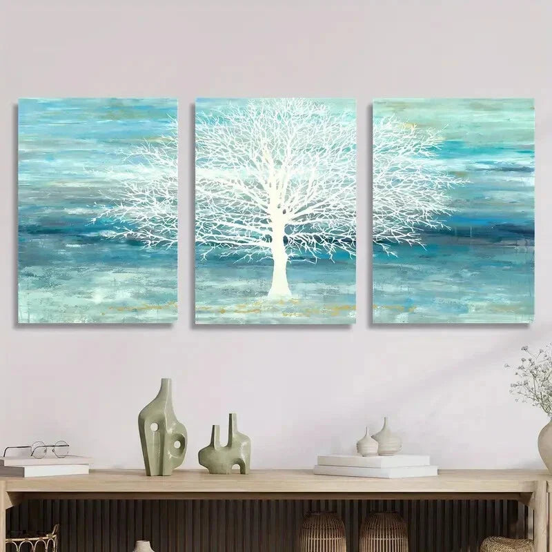 3pcs Abstract cyan and blue landscape painting Metal Print Ready to Hang Art
