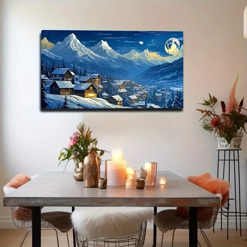 Snowy Village Decor Moonlit Wall Art Canvas Office Home Room Framed 80x45cm