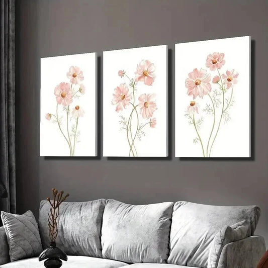 3pcs Painting of Soft Pink Wildflowers Wall Art Set Canvas Framed 40x60cm - High Quality Print 100% Australian Made Wall Canvas Ready to Hang