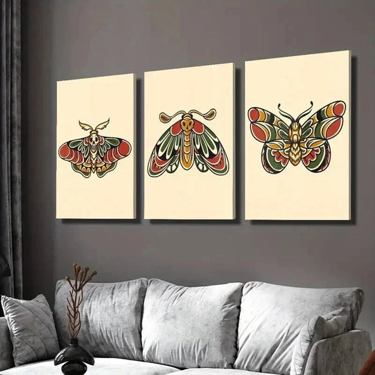 3pcs Retro Colorful Death Head Moth Skull Wall Art Set Canvas Framed 40x60cm - High Quality Print 100% Australian Made Wall Canvas Ready to Hang