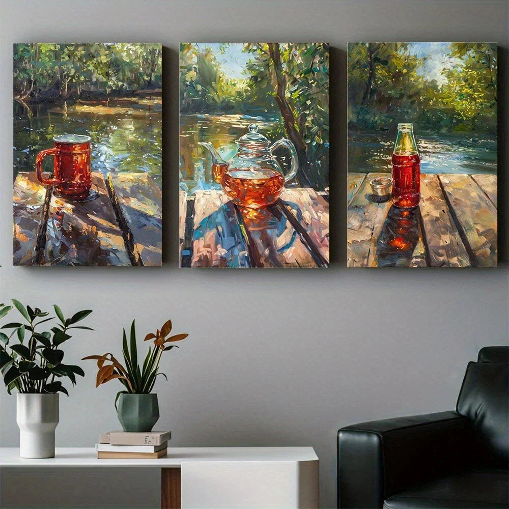 3pcs Tea River Design Modern Luxury Abstract Metal Print Ready to Hang Art