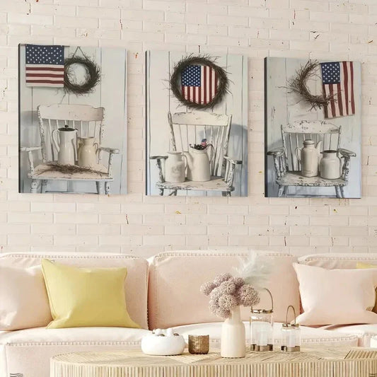 3pcs Old White Chair Two Milk Jugs Lovers Flag Wall Art Set Canvas Framed 40x60cm - High Quality Print 100% Australian Made Wall Canvas Ready to Hang