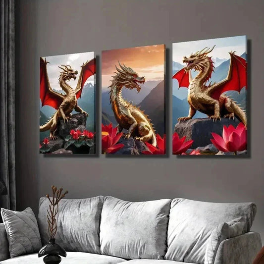 3pcs Golden Dragons with Red Wings Wall Art Set Canvas Framed 40x60cm - High Quality Print 100% Australian Made Wall Canvas Ready to Hang