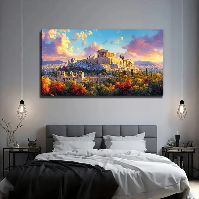 Hilltop Castle Painting Autumn Wall Art Canvas Office Home Room Framed 80x45cm