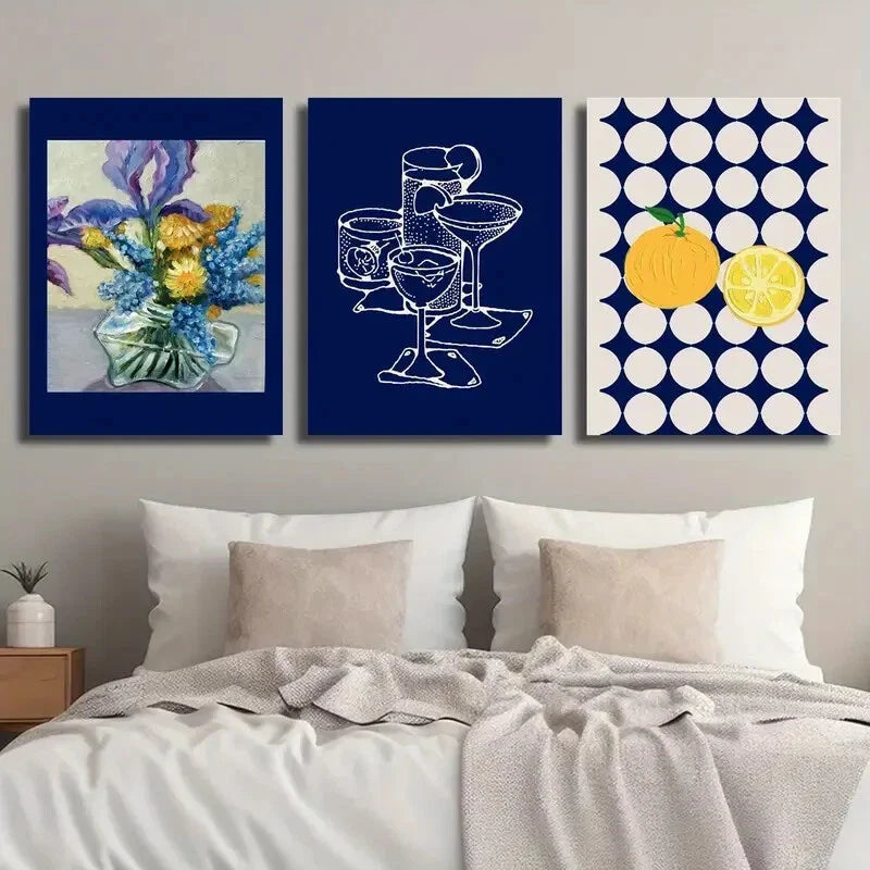 3pcs Classic Cocktail Iris Bouquet Glass Vase Metal Print Ready to Hang Art