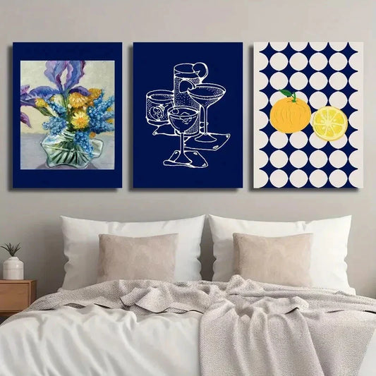 3pcs Classic Cocktail Iris Bouquet Glass Vase Metal Print Ready to Hang Art