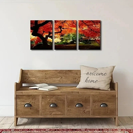 3pcs Modern Red Maple Trees Metal Print Ready to Hang Art