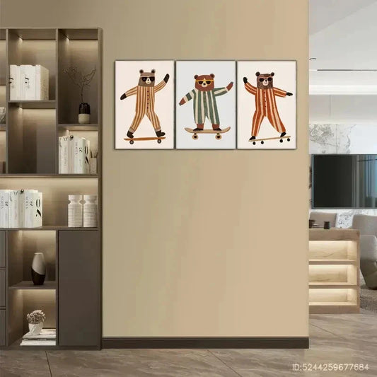 3pcs Modern Whimsical Bear Skateboard Wall Art Metal Print Ready to Hang Art