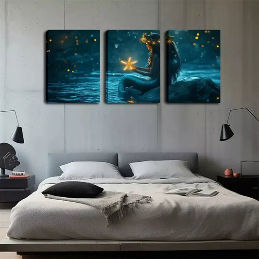 3pcs Glowing Starfish, Serene Ocean Scene Wall Art Set Canvas Framed 40x60cm - High Quality Print 100% Australian Made Wall Canvas Ready to Hang