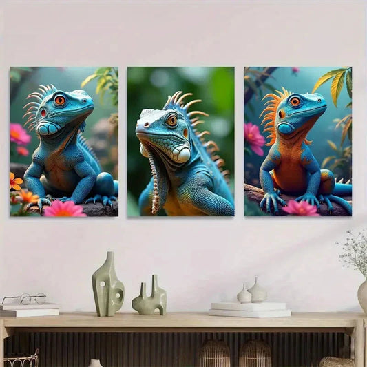 3pcs Vibrant Blue Iguana Triptych Nature Scene Metal Print Ready to Hang Art