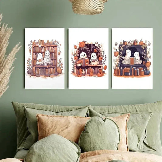 3pcs Cute Ghosts Reading on Bookshelf Metal Print Ready to Hang Art