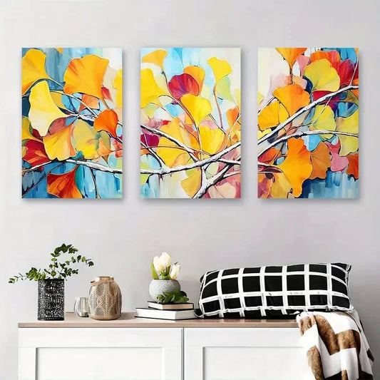 3pcs Vibrant Ginkgo Leaves Abstract Colorful Metal Print Ready to Hang Art