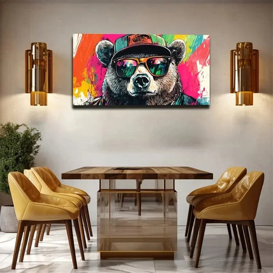 Trendy Bear In Hat & Fashion Wall Art Canvas Office Home Room Framed 80x45cm