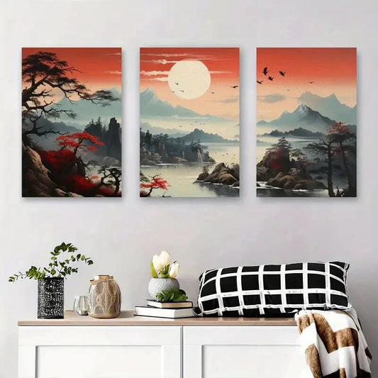 3pcs Mountain Landscape Traditional Asian Metal Print Ready to Hang Art