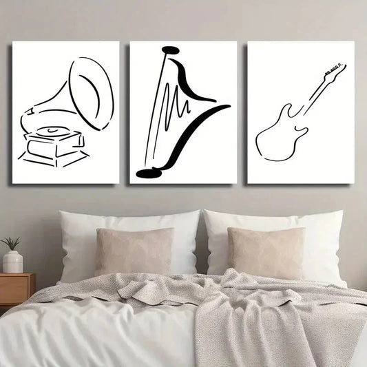 3pcs Gramophone Harp and Guitar Line Music Metal Print Ready to Hang Art