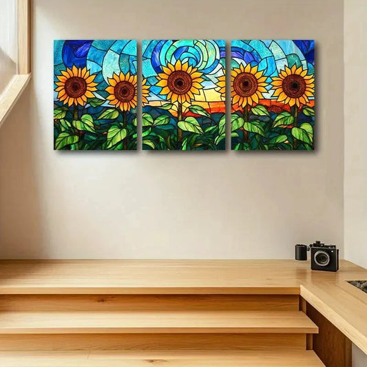 3pcs Sunflower with Blue Background Design Metal Print Ready to Hang Art